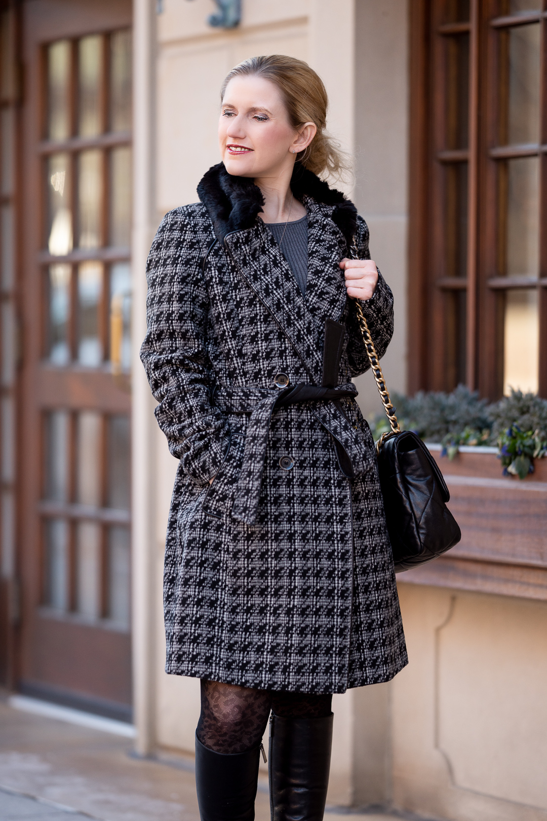 Petite Fashion Blog | Lark & Ro Women's Long Sleeve Ribbed Crewneck Fit and  Flare Sweater Dress | Via Spiga-Tied Houndstooth Faux Fur Collar  Double-Breasted Coat | Aquatalia Boots | Chanel 19
